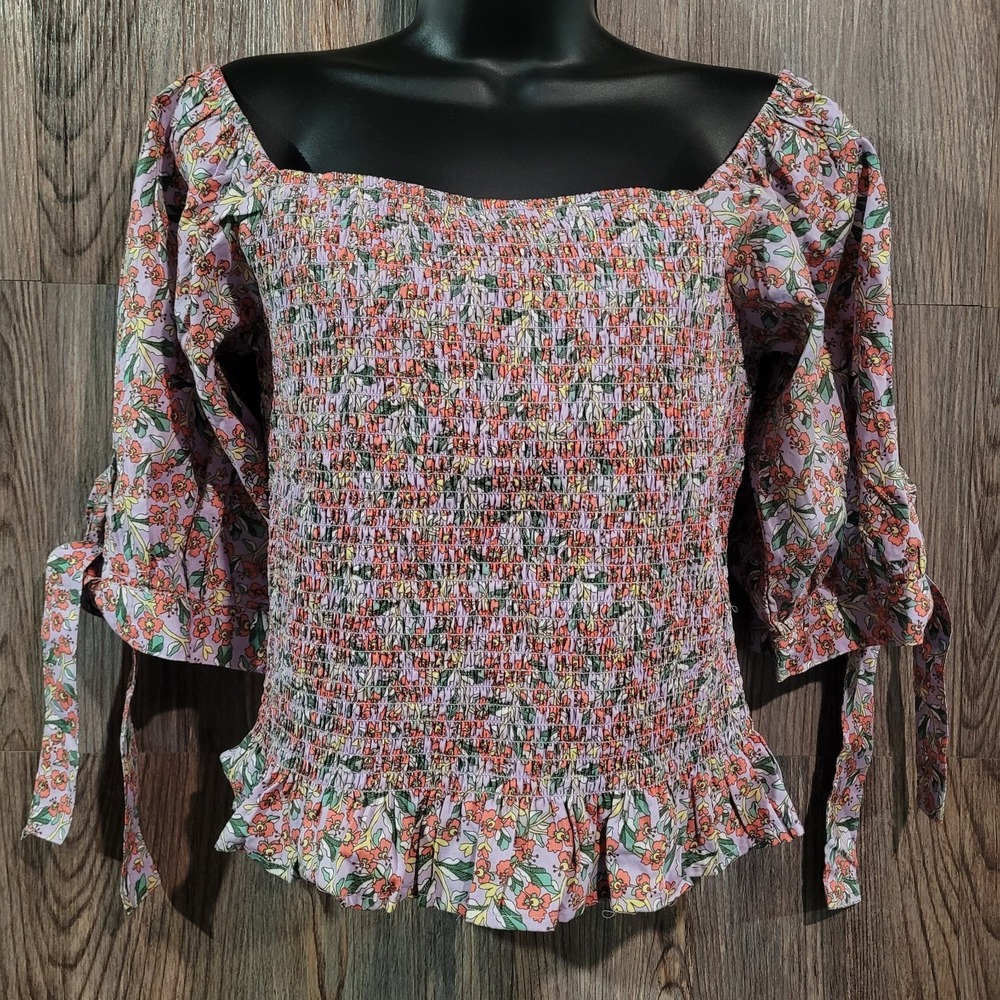 Easel Floral Cropped Blouse Sz L Smocked Off the Shoulder Tie Puff Sleeve Ruffle